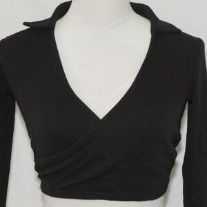 LNC Black Crop Top Shirt Long Sleeve with Collar Ribbed Brave Soul Womens Small